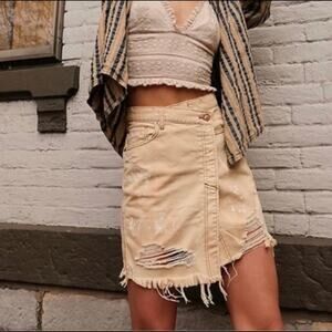 Free People Parker Pale Yellow Destroyed Denim Wrap Skirt